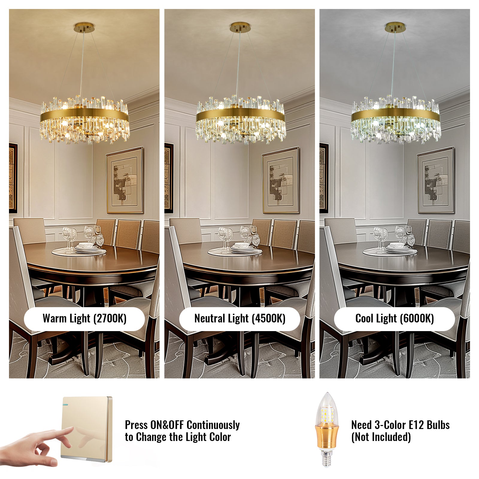 20 in. Modern 12-Light Brass Gold Crystal Chandelier for Light Dining Room or Kitchen