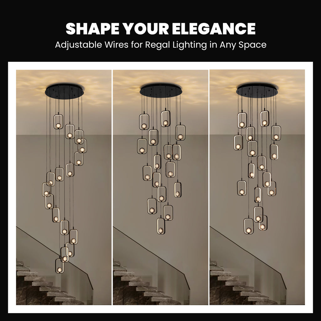 16-Light Black Cylinder Chandelier with Crystal Balls, Dimmable LED Lights & Remote Control for High Ceilings