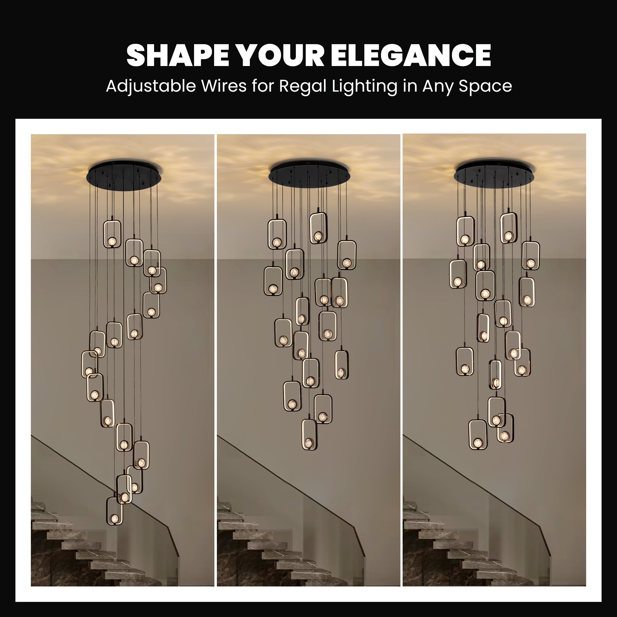 16-Light Black Cylinder Chandelier with Crystal Balls, Dimmable LED Lights & Remote Control for High Ceilings