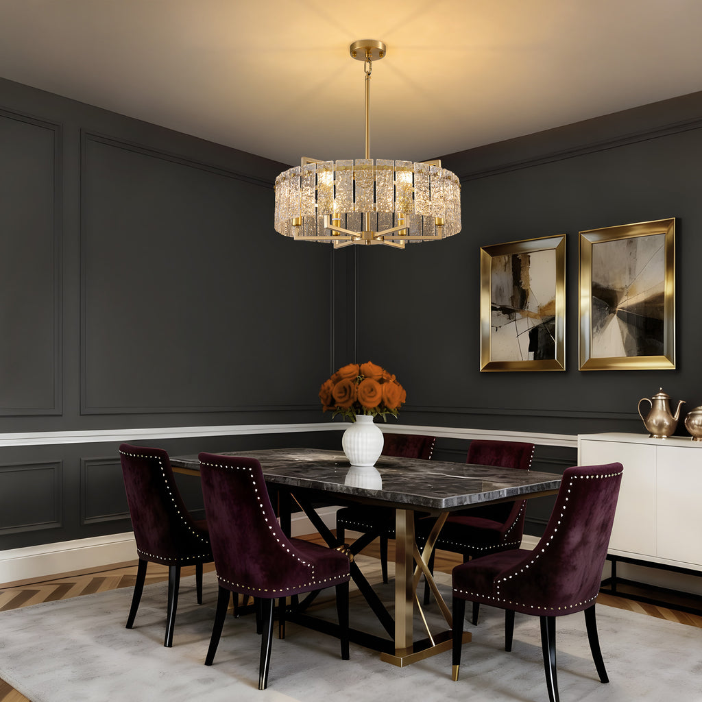 6 - Light Dimmable Gold Drum Chandelier with Textured Glass, Modern Lighting for Kitchen Island or Dining Room