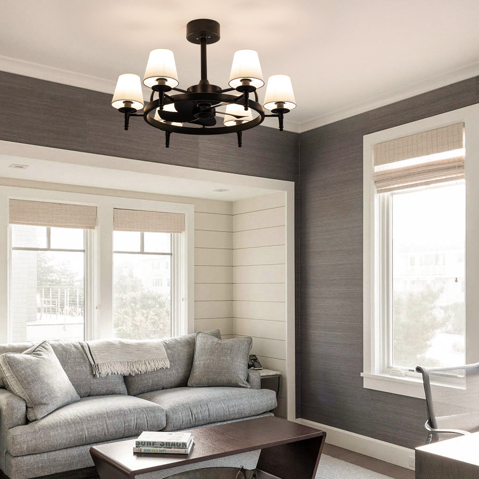 31.5" 6-light Wagon Wheel Ceiling Fan With Light Kit, Linen Shade, Dc Motor And Remote