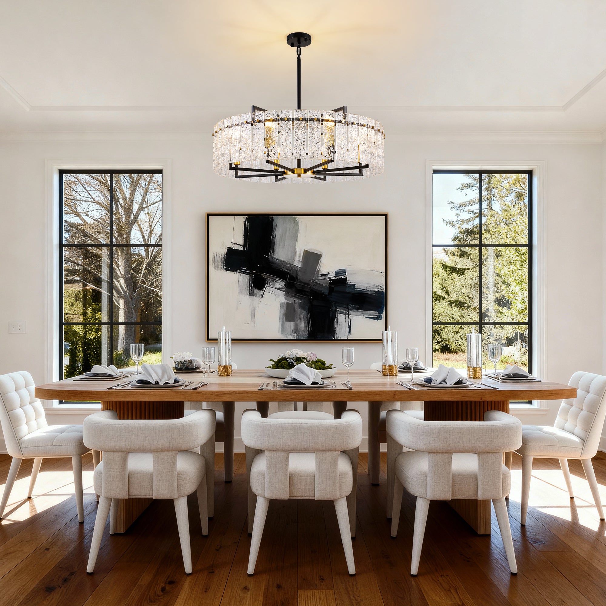 8 - Light Dimmable  Drum Chandelier with Textured Glass, Modern Lighting for Kitchen Island or Dining Room