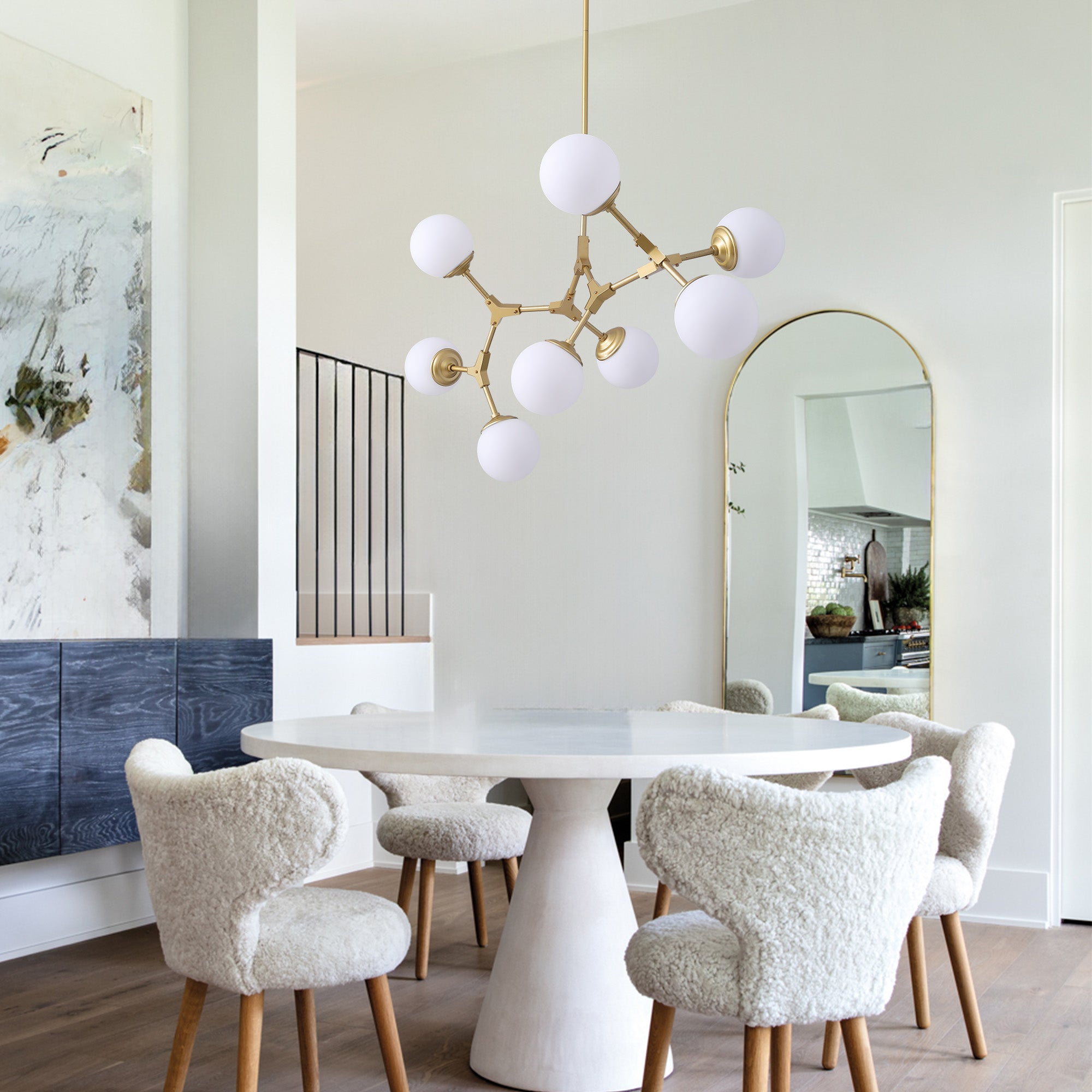 8-Light Dimmable Modern Sputnik Linear Chandelier with Glass Globe Shades