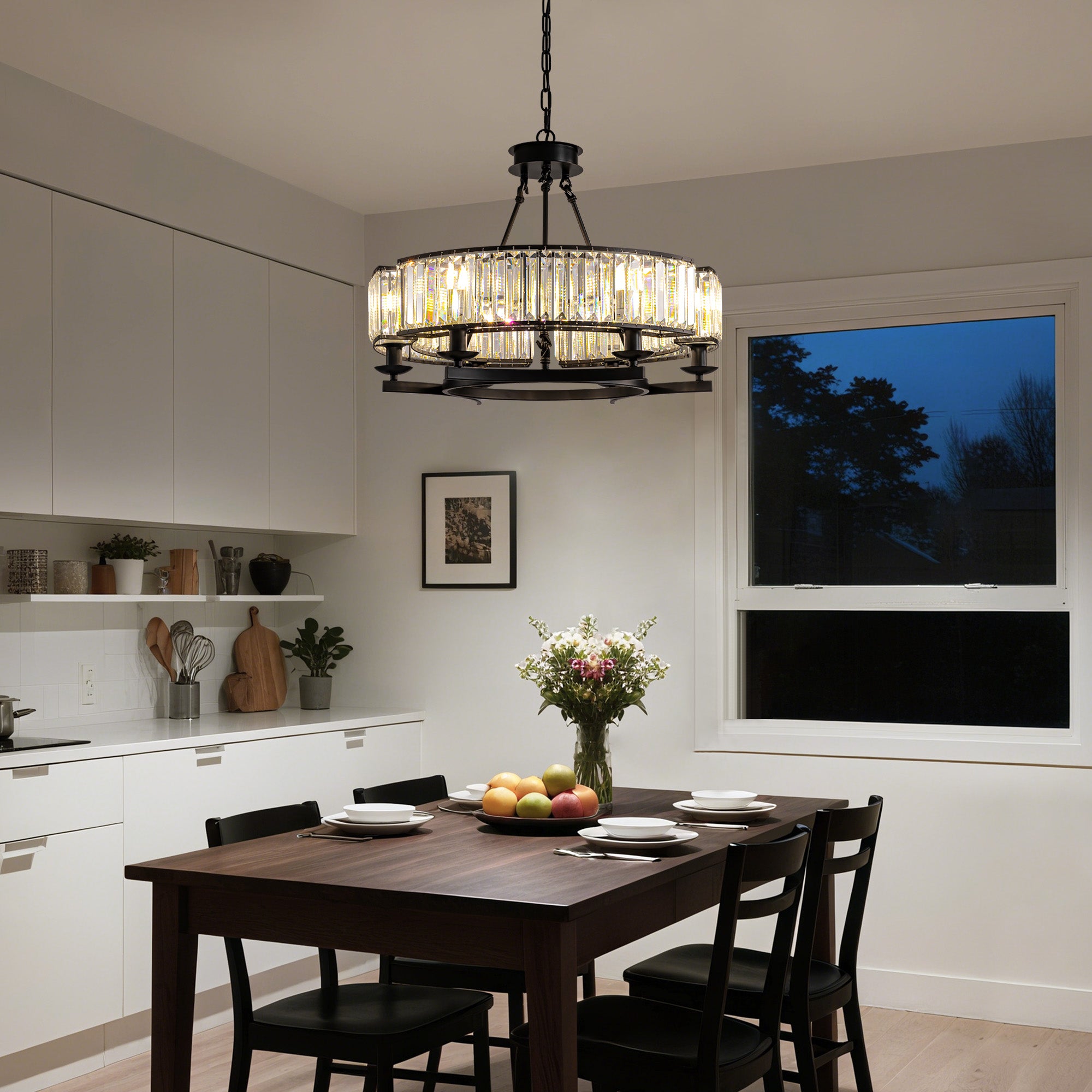 26 in. Modern 6-Light Farmhouse Crystal Drum Matte Black Wagon Wheel Chandelier Ceiling Semi Flush Mount