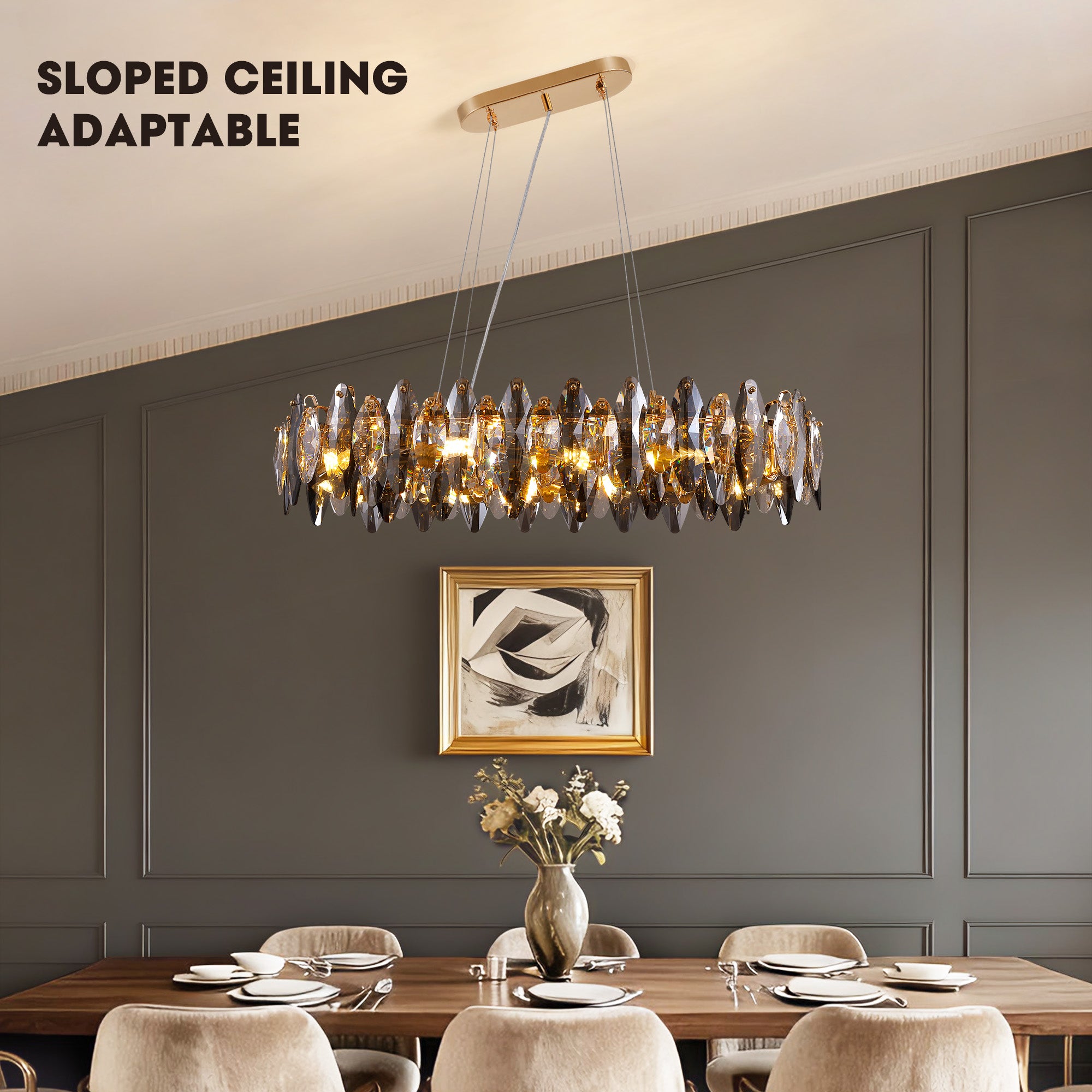 10-light Gold Rectangle Crystal Chandelier For Dining Room