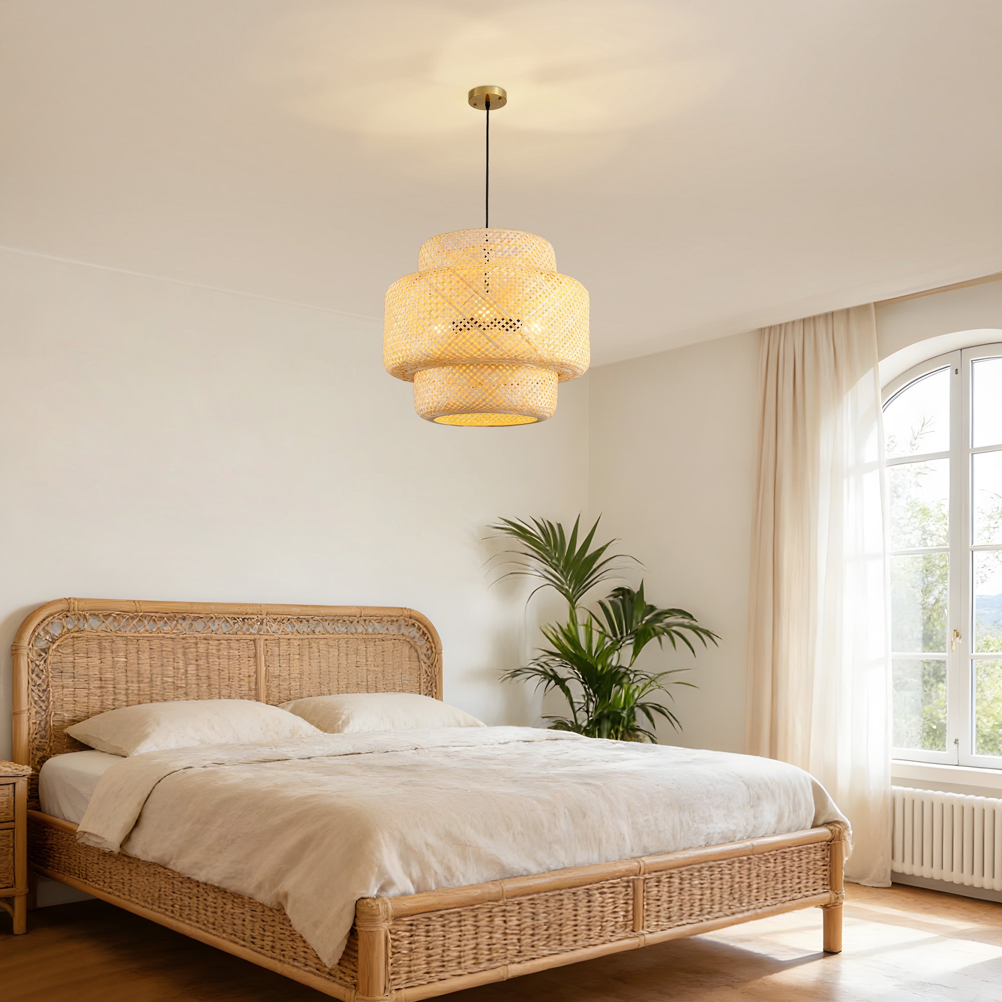 3-Light Natural Woven Tiered Chandelier, Boho Organic Modern Coastal Casual Style For Dining Room, Kitchen Island & Living Space