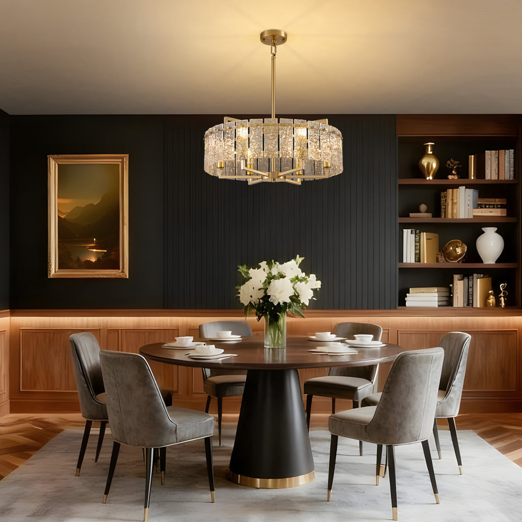 6 - Light Dimmable Gold Drum Chandelier with Textured Glass, Modern Lighting for Kitchen Island or Dining Room