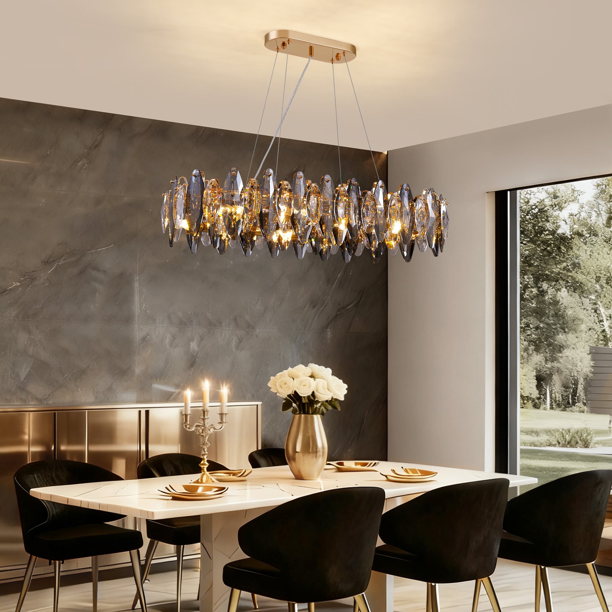 10-light Gold Rectangle Crystal Chandelier For Dining Room
