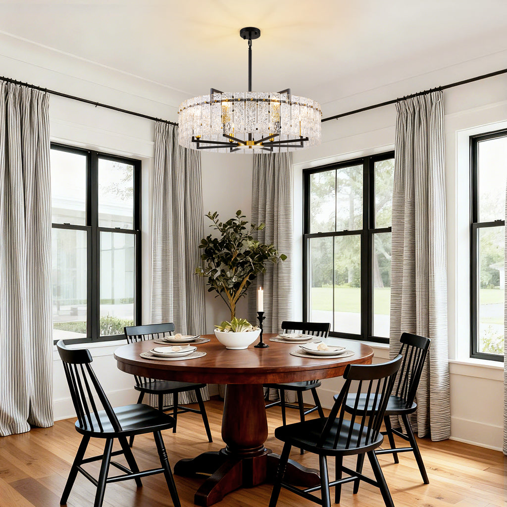 8 - Light Dimmable  Drum Chandelier with Textured Glass, Modern Lighting for Kitchen Island or Dining Room