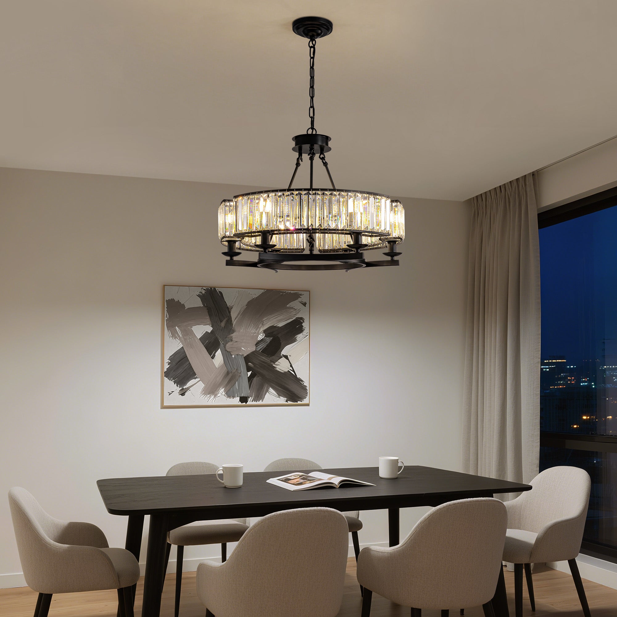 26 in. Modern 6-Light Farmhouse Crystal Drum Matte Black Wagon Wheel Chandelier Ceiling Semi Flush Mount
