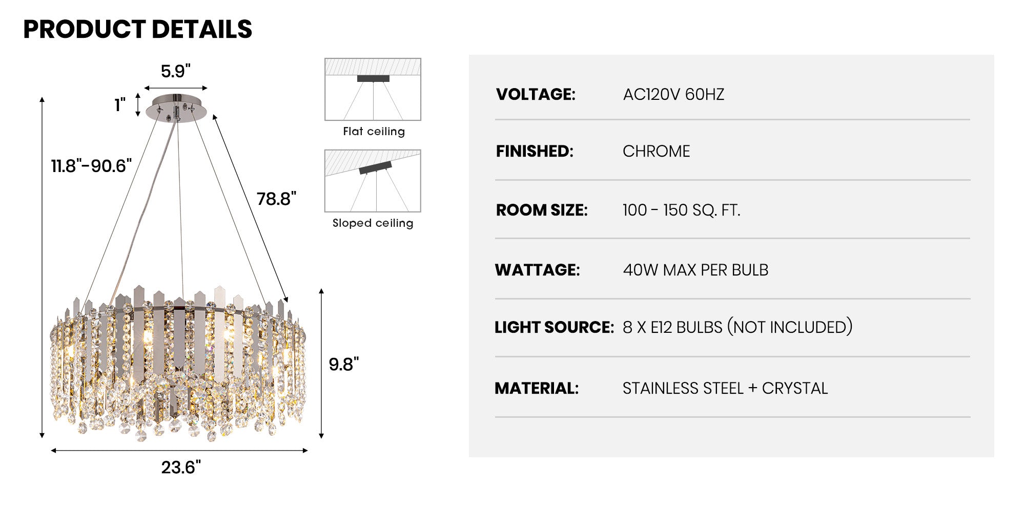 8-light Dimmable Drum Crystal Chandelier