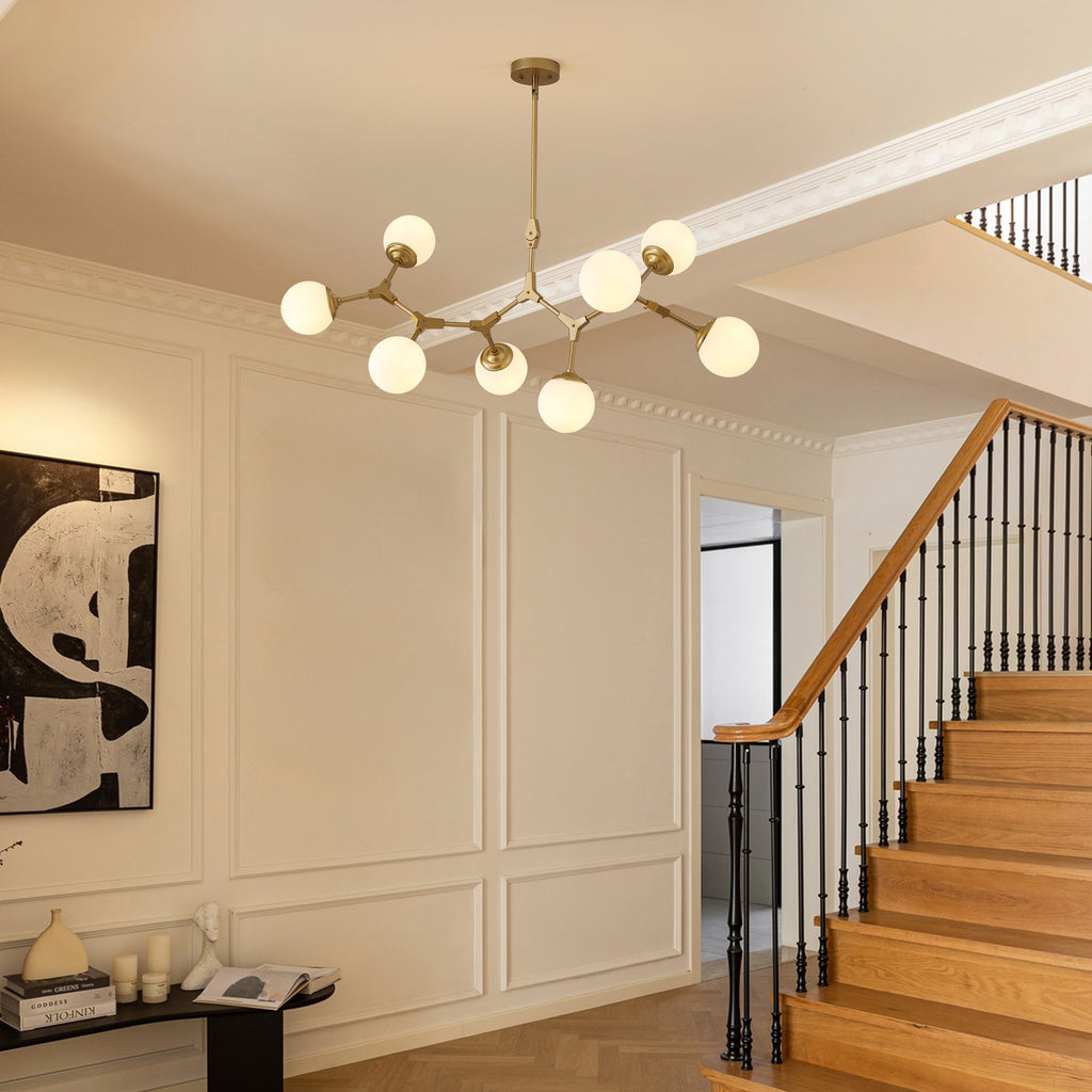 8-Light Dimmable Modern Sputnik Linear Chandelier with Glass Globe Shades