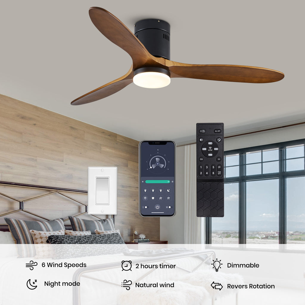52" 3 -Blade Flush Mount Ceiling Fan with Light Kit, Remote Control and Quiet DC Motor for Bedroom