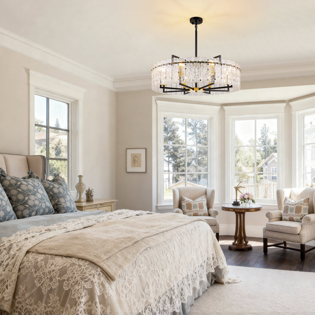 8 - Light Dimmable  Drum Chandelier with Textured Glass, Modern Lighting for Kitchen Island or Dining Room