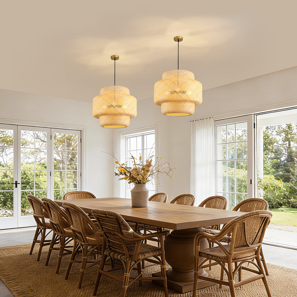 3-Light Natural Woven Tiered Chandelier, Boho Organic Modern Coastal Casual Style For Dining Room, Kitchen Island & Living Space