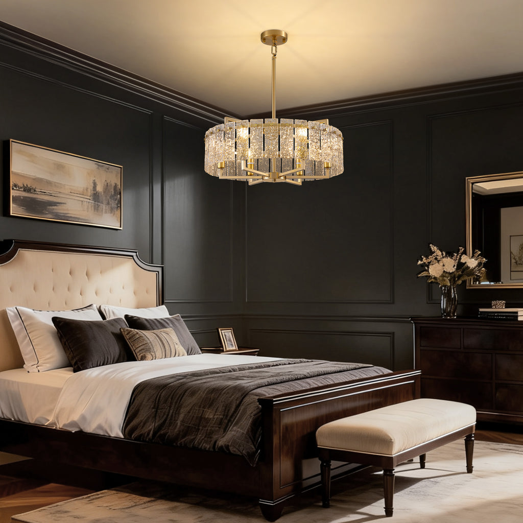 6 - Light Dimmable Gold Drum Chandelier with Textured Glass, Modern Lighting for Kitchen Island or Dining Room
