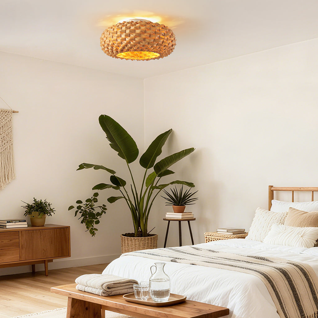 20" Boho Bamboo Ceiling Fan with Light, Woven Shade Flush Mount Fan with Remote, Quiet DC Motor for Small Rooms