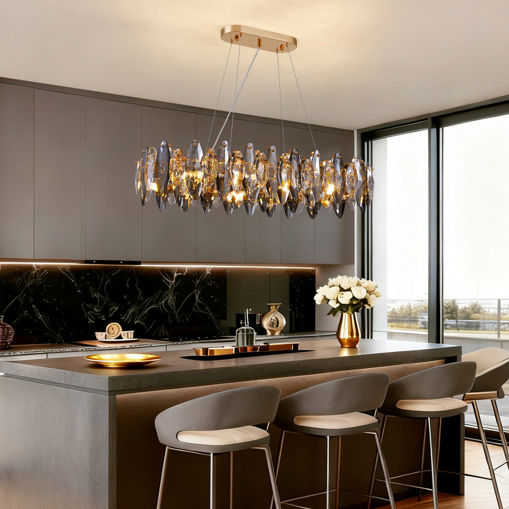 10-light Gold Rectangle Crystal Chandelier For Dining Room
