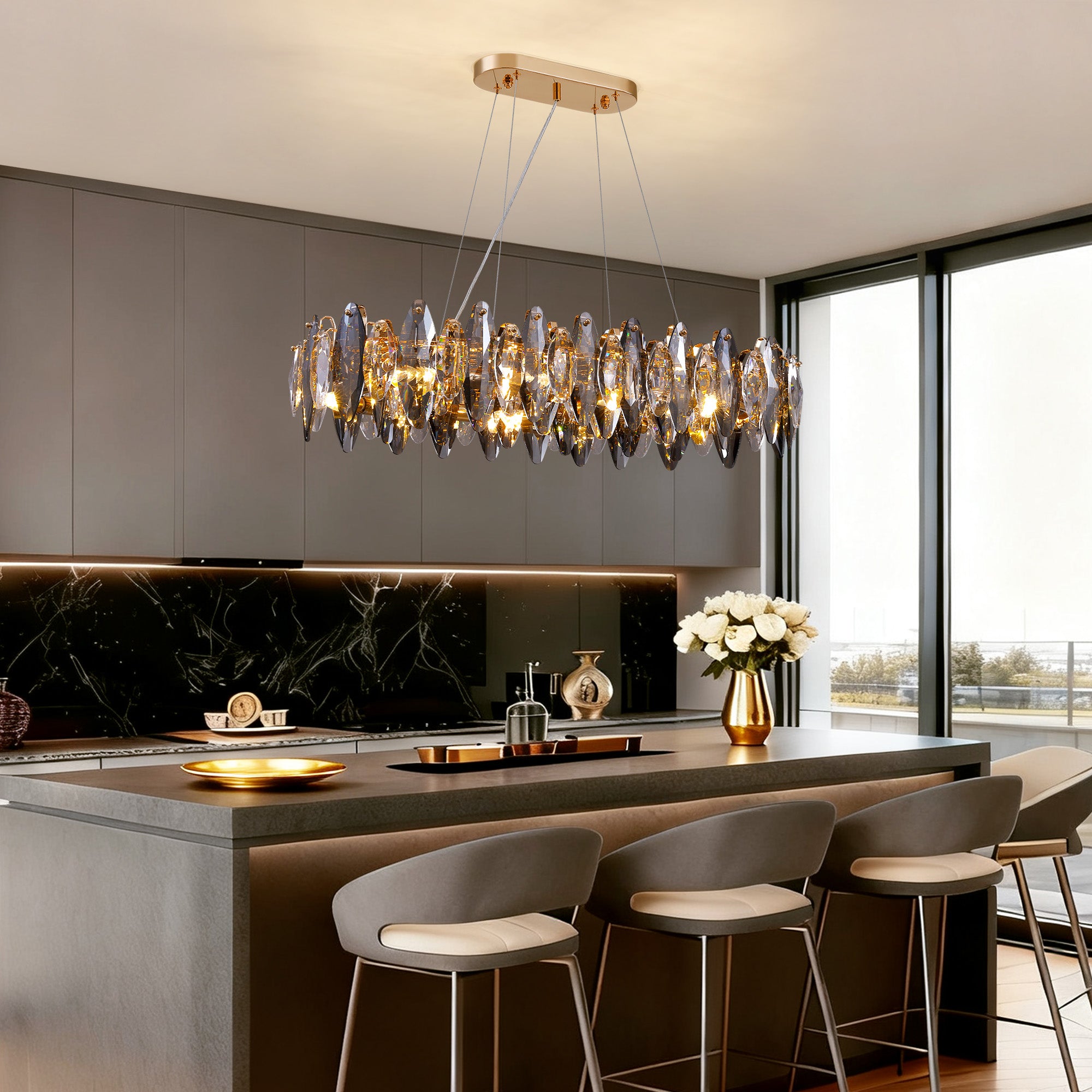 10-light Gold Rectangle Crystal Chandelier For Dining Room
