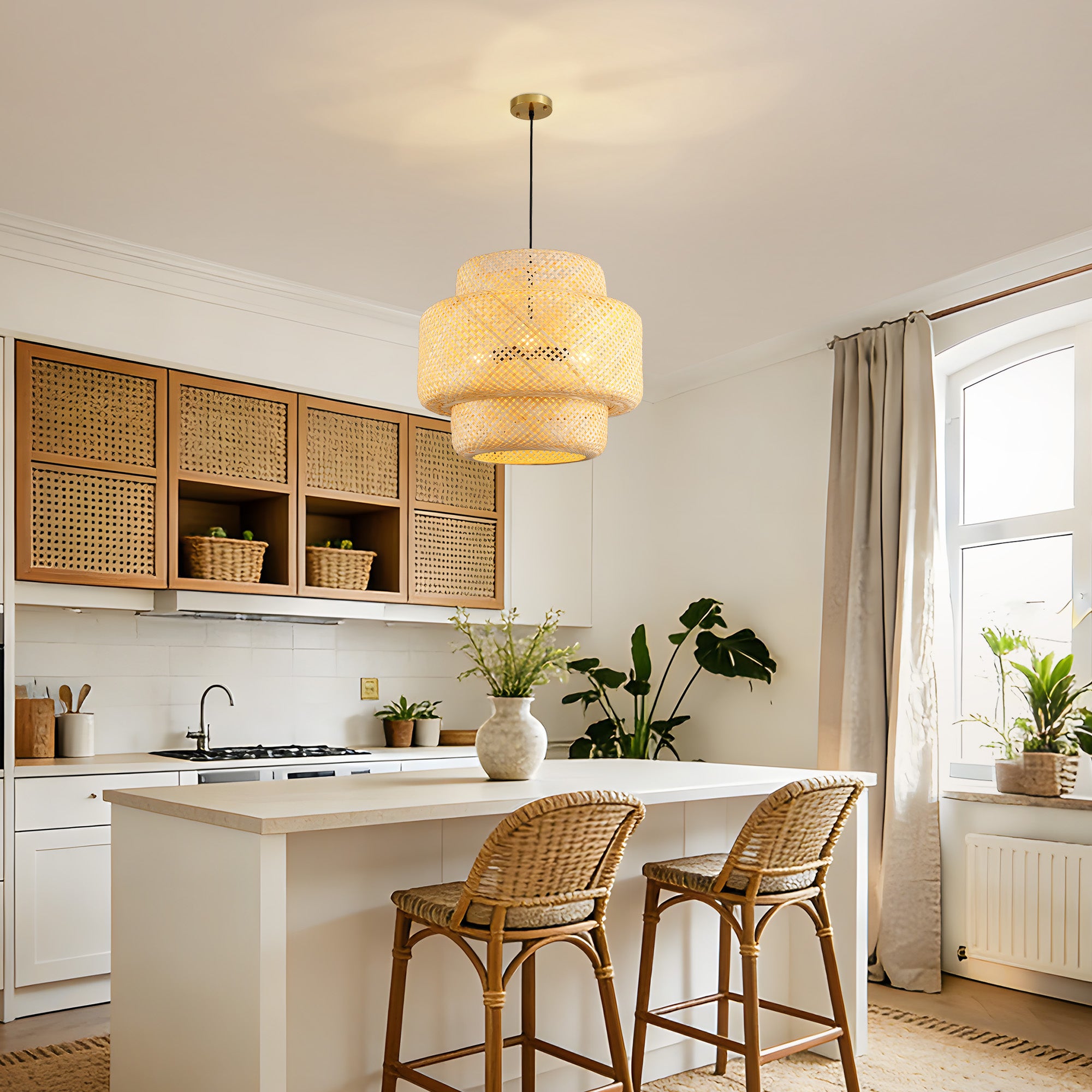 3-Light Natural Woven Tiered Chandelier, Boho Organic Modern Coastal Casual Style For Dining Room, Kitchen Island & Living Space