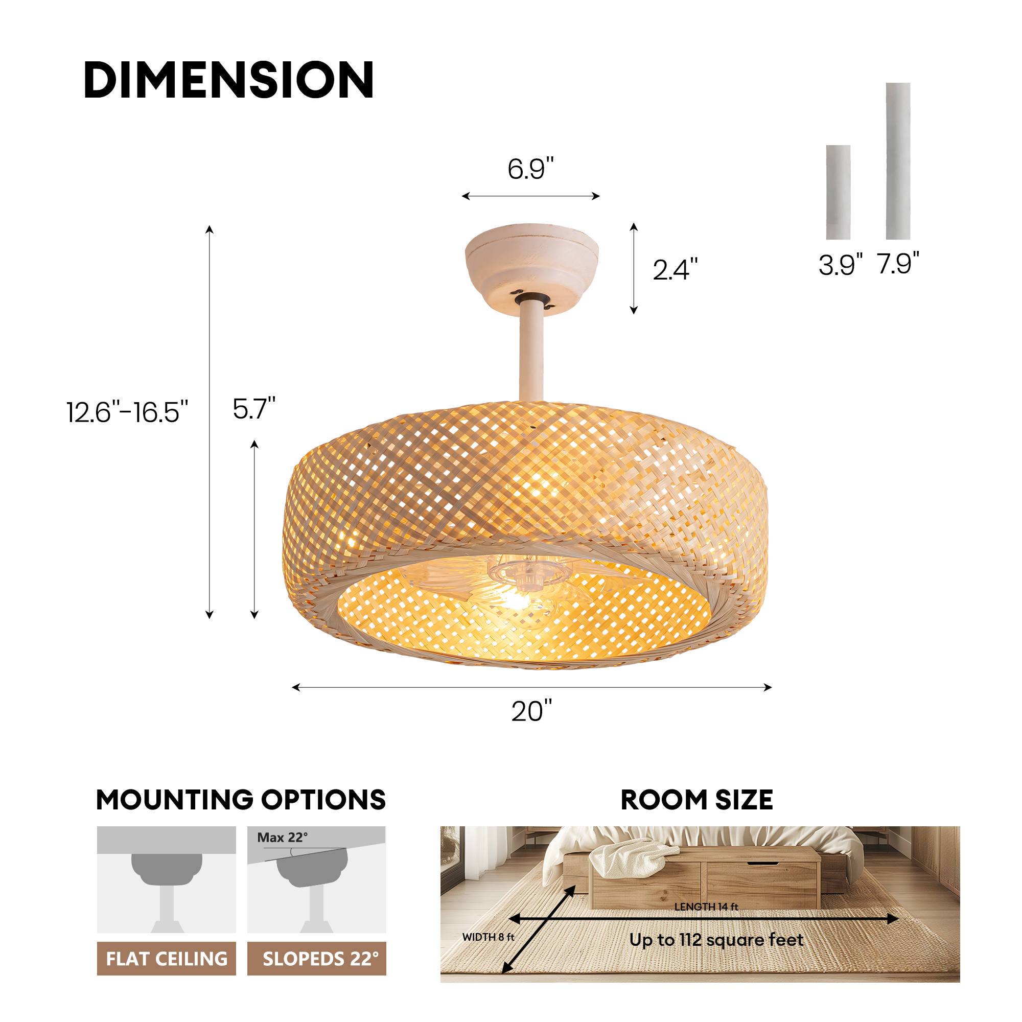 20'' Boho Caged Ceiling Fan with Light Kit, Remote Control and Handmade Frame With Aged Metal