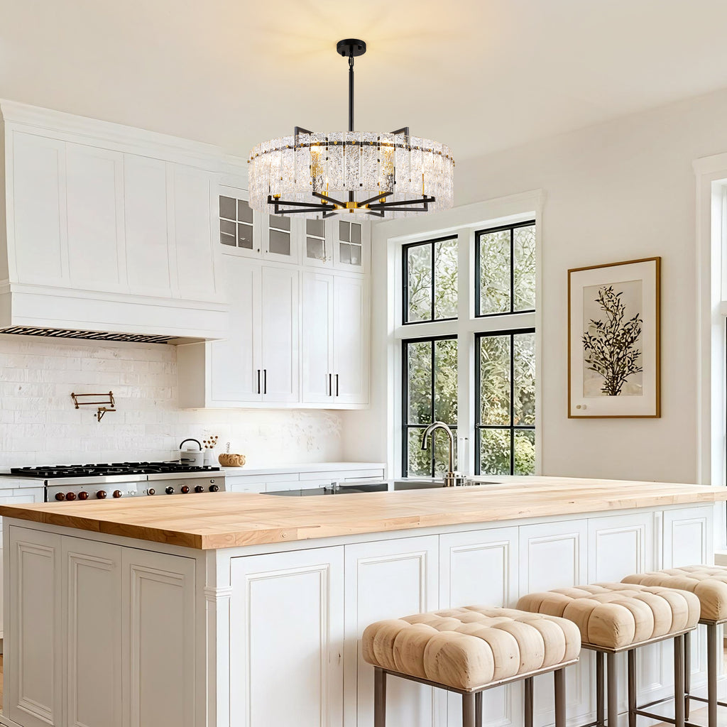 8 - Light Dimmable  Drum Chandelier with Textured Glass, Modern Lighting for Kitchen Island or Dining Room