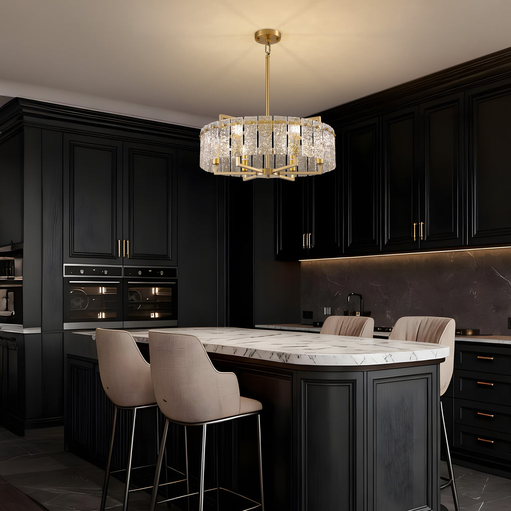 6 - Light Dimmable Gold Drum Chandelier with Textured Glass, Modern Lighting for Kitchen Island or Dining Room