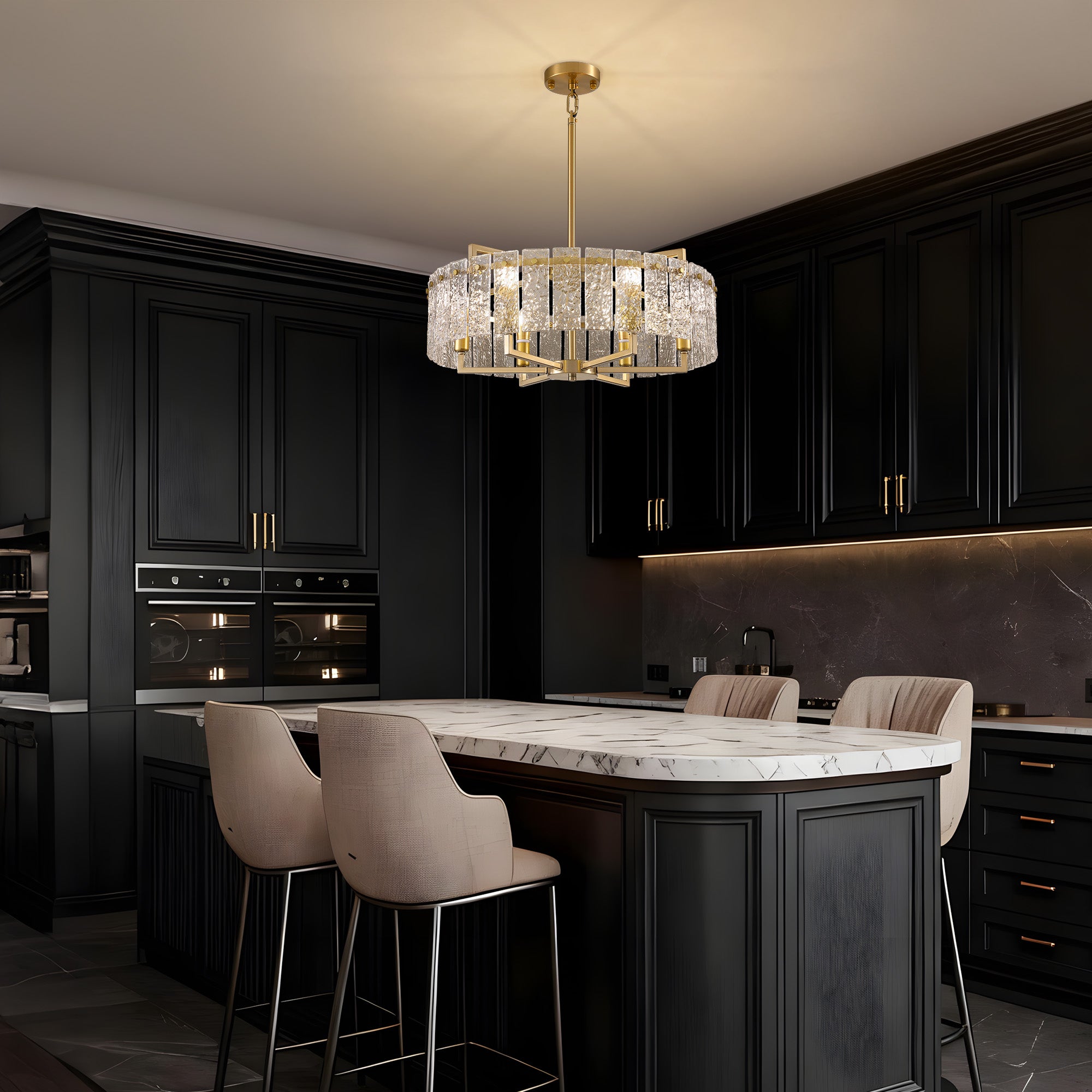 6 - Light Dimmable Gold Drum Chandelier with Textured Glass, Modern Lighting for Kitchen Island or Dining Room