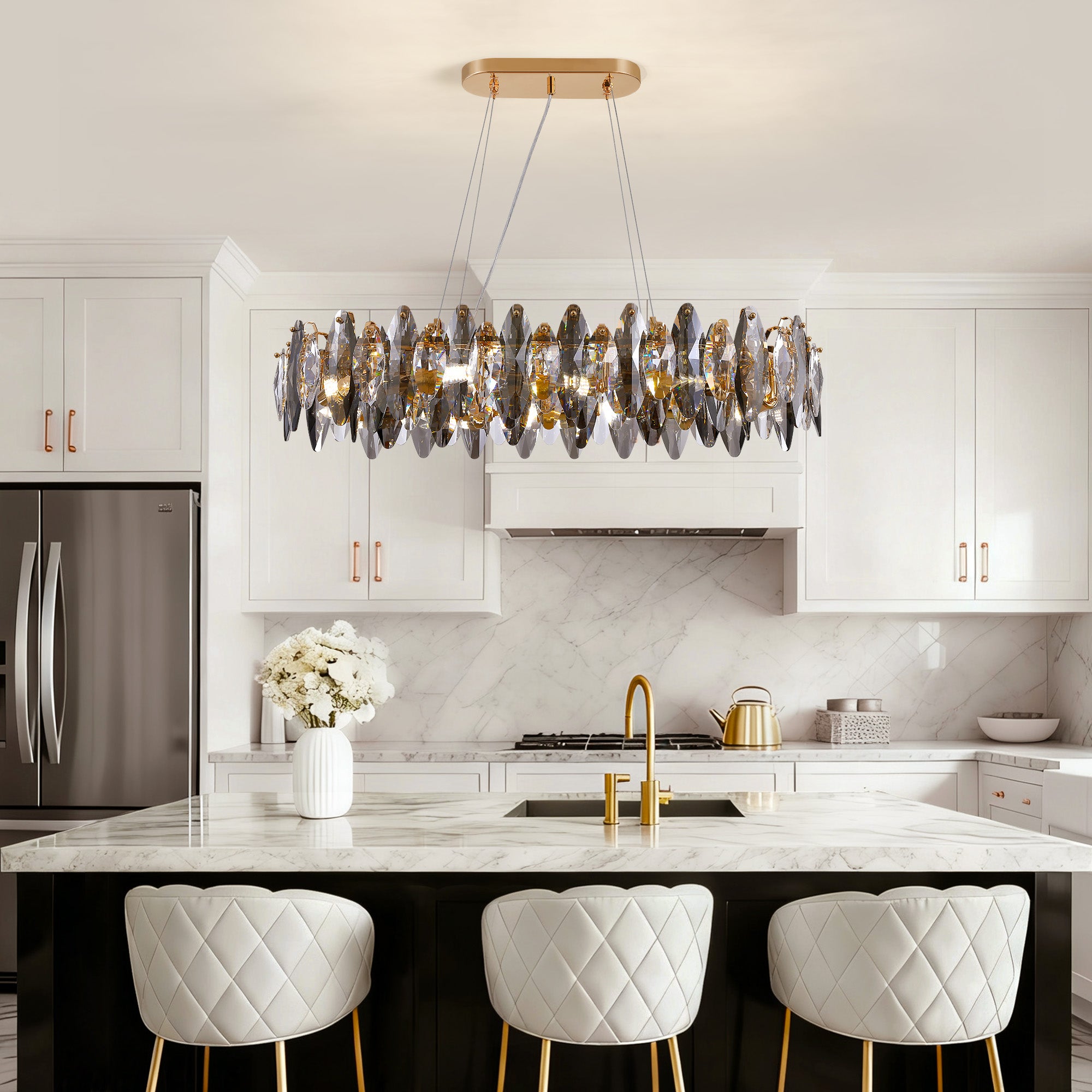 10-light Gold Rectangle Crystal Chandelier For Dining Room
