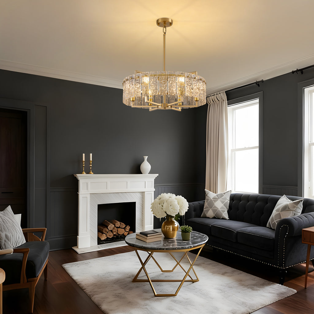 6 - Light Dimmable Gold Drum Chandelier with Textured Glass, Modern Lighting for Kitchen Island or Dining Room