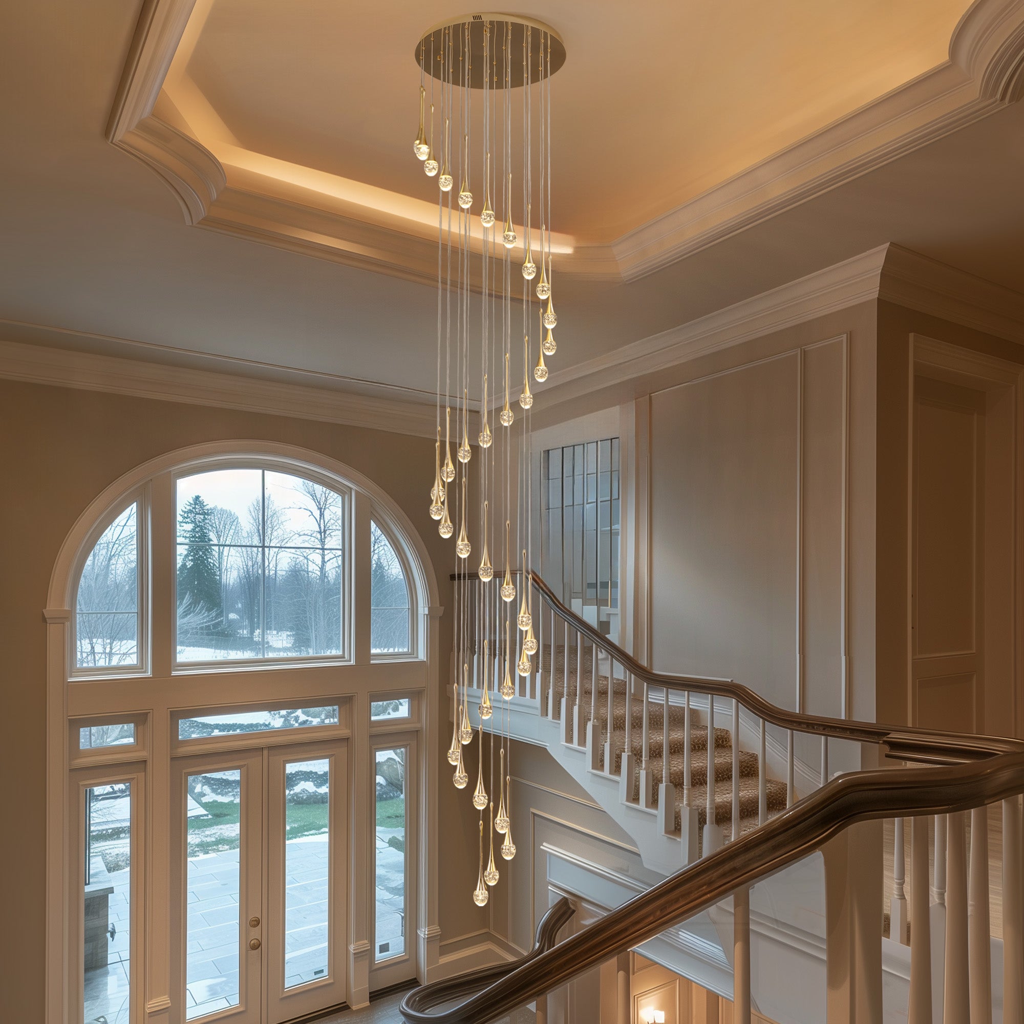 36-light Cylinder Foyer Chandelier With Raindrop Crystals and LED Light