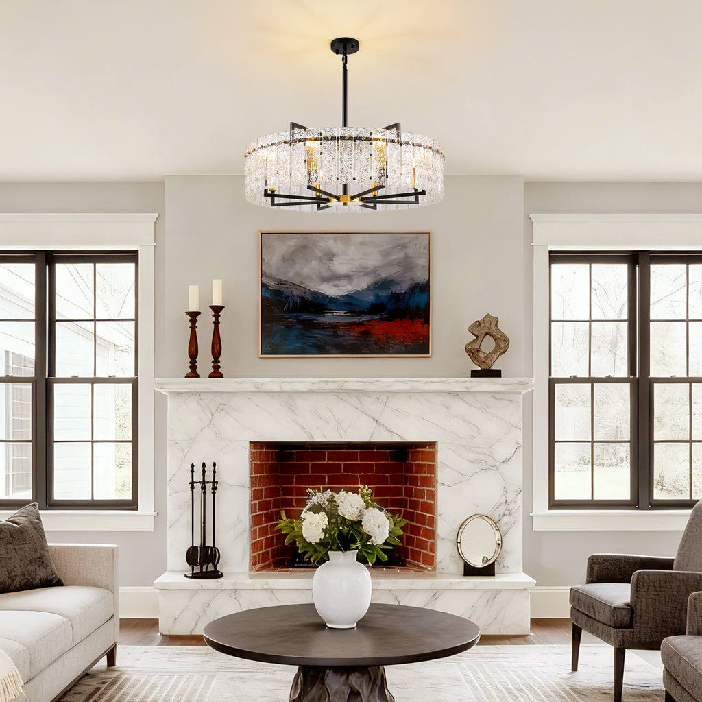 8 - Light Dimmable  Drum Chandelier with Textured Glass, Modern Lighting for Kitchen Island or Dining Room