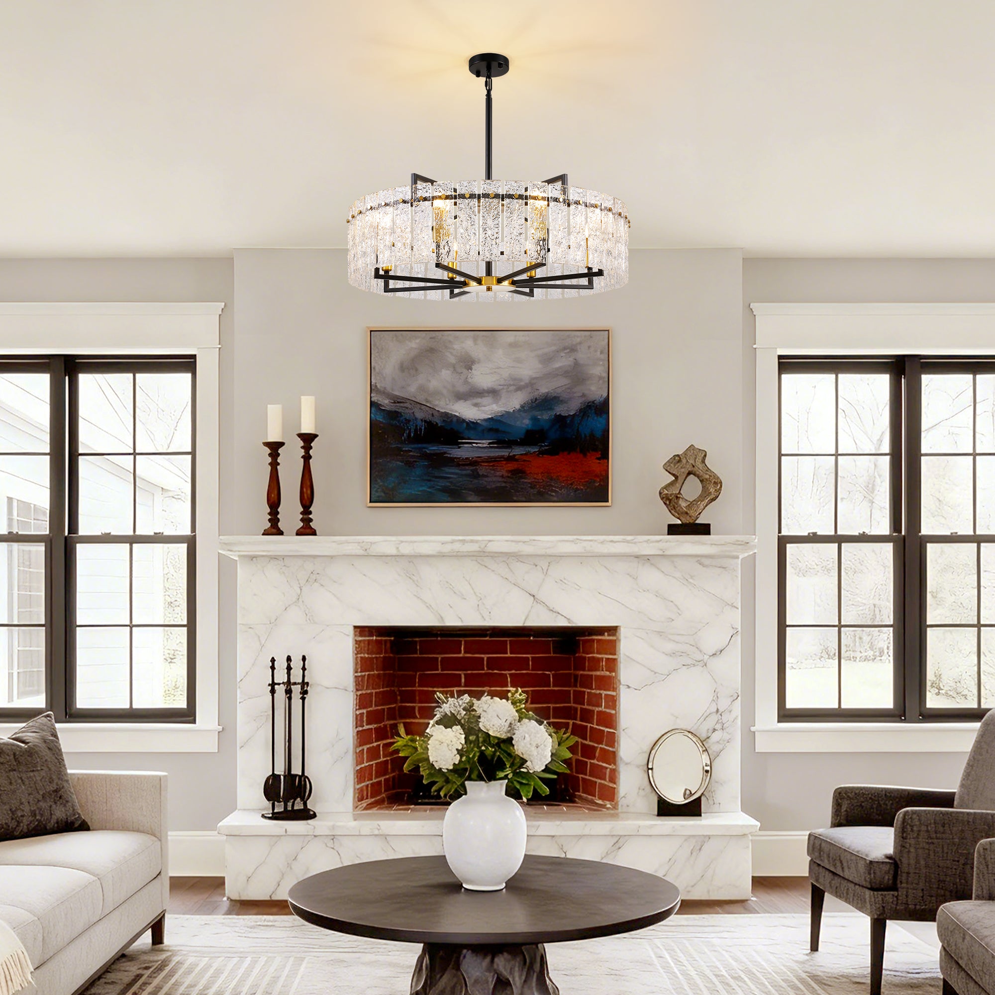 8 - Light Dimmable  Drum Chandelier with Textured Glass, Modern Lighting for Kitchen Island or Dining Room