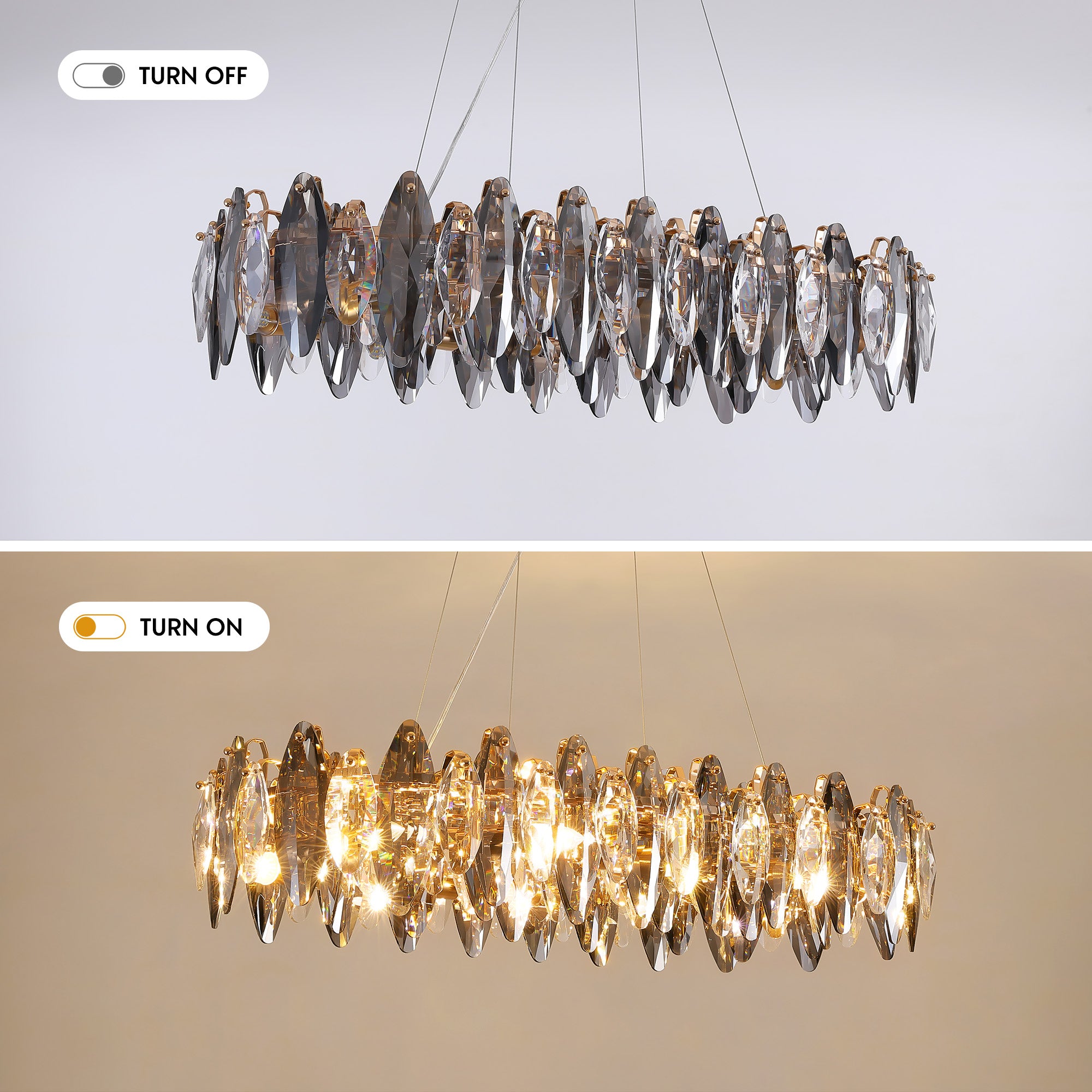 10-light Gold Rectangle Crystal Chandelier For Dining Room