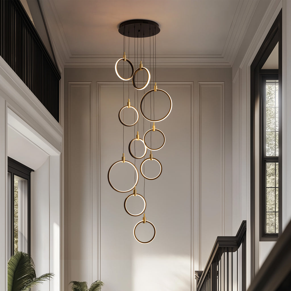 10-Ring LED Dimmable Geometric Chandelier, Black and Gold Foyer Light for High Ceilings with Remote & App Control