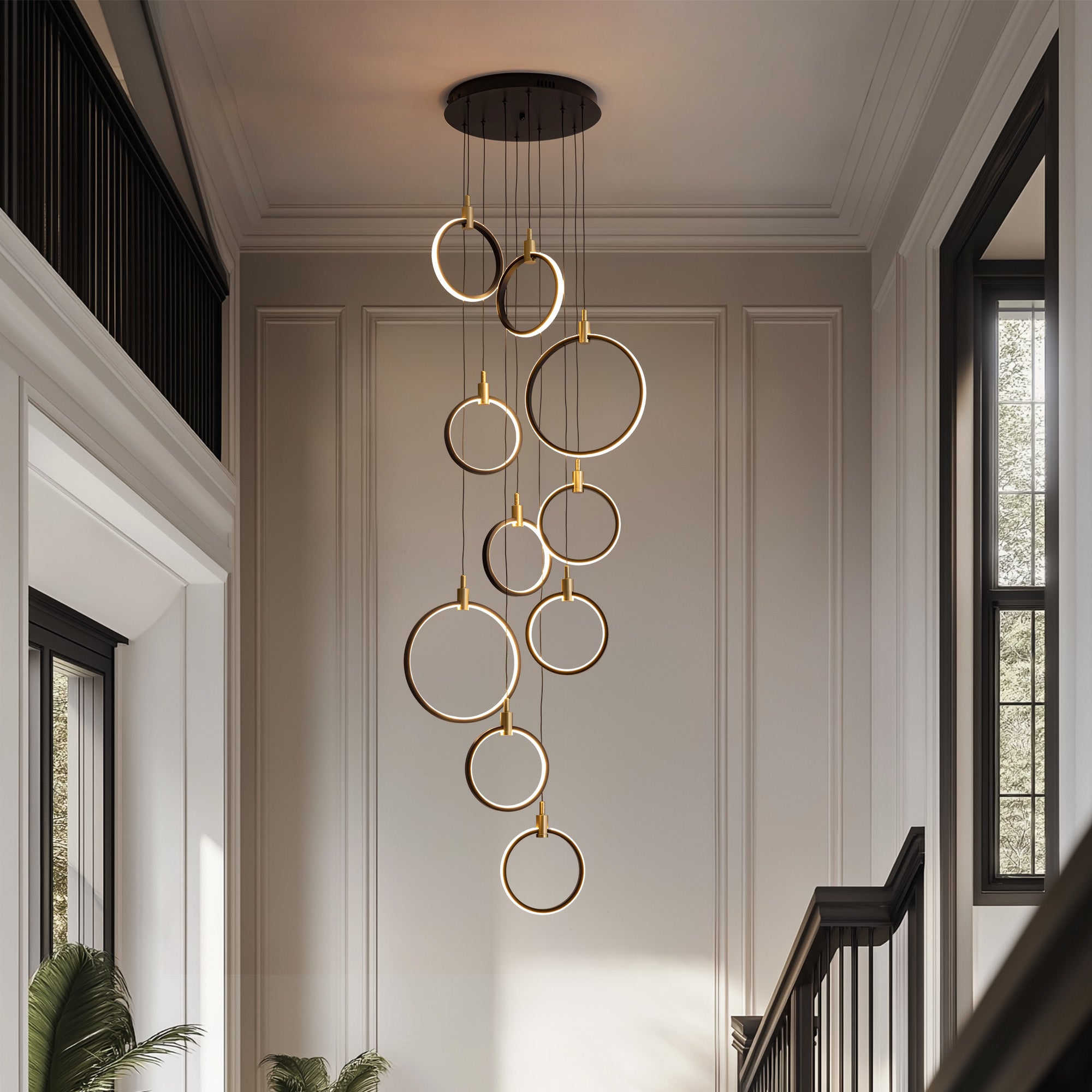 10-Ring LED Dimmable Geometric Chandelier, Black and Gold Foyer Light for High Ceilings with Remote & App Control