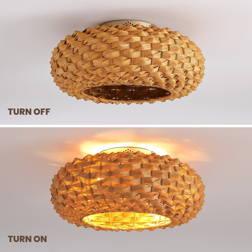 20" Boho Bamboo Ceiling Fan with Light, Woven Shade Flush Mount Fan with Remote, Quiet DC Motor for Small Rooms