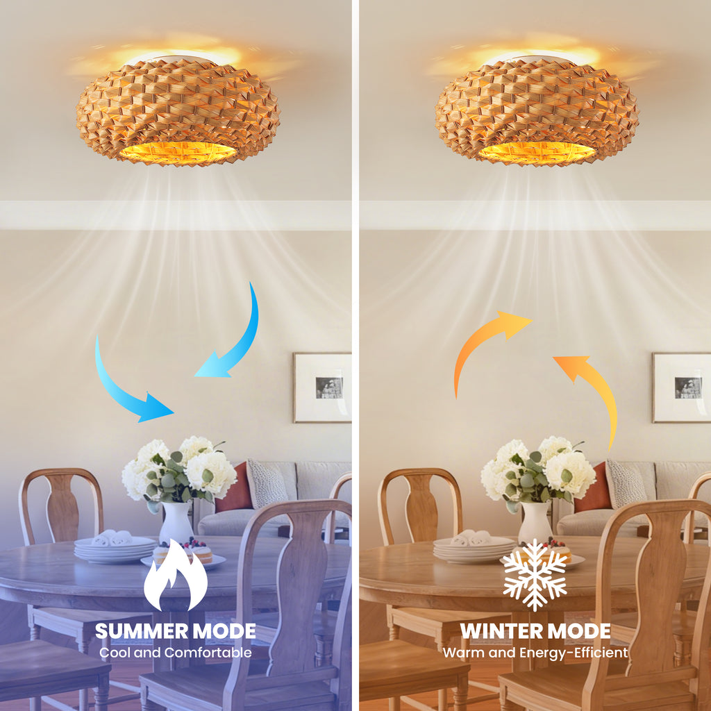 20" Boho Bamboo Ceiling Fan with Light, Woven Shade Flush Mount Fan with Remote, Quiet DC Motor for Small Rooms