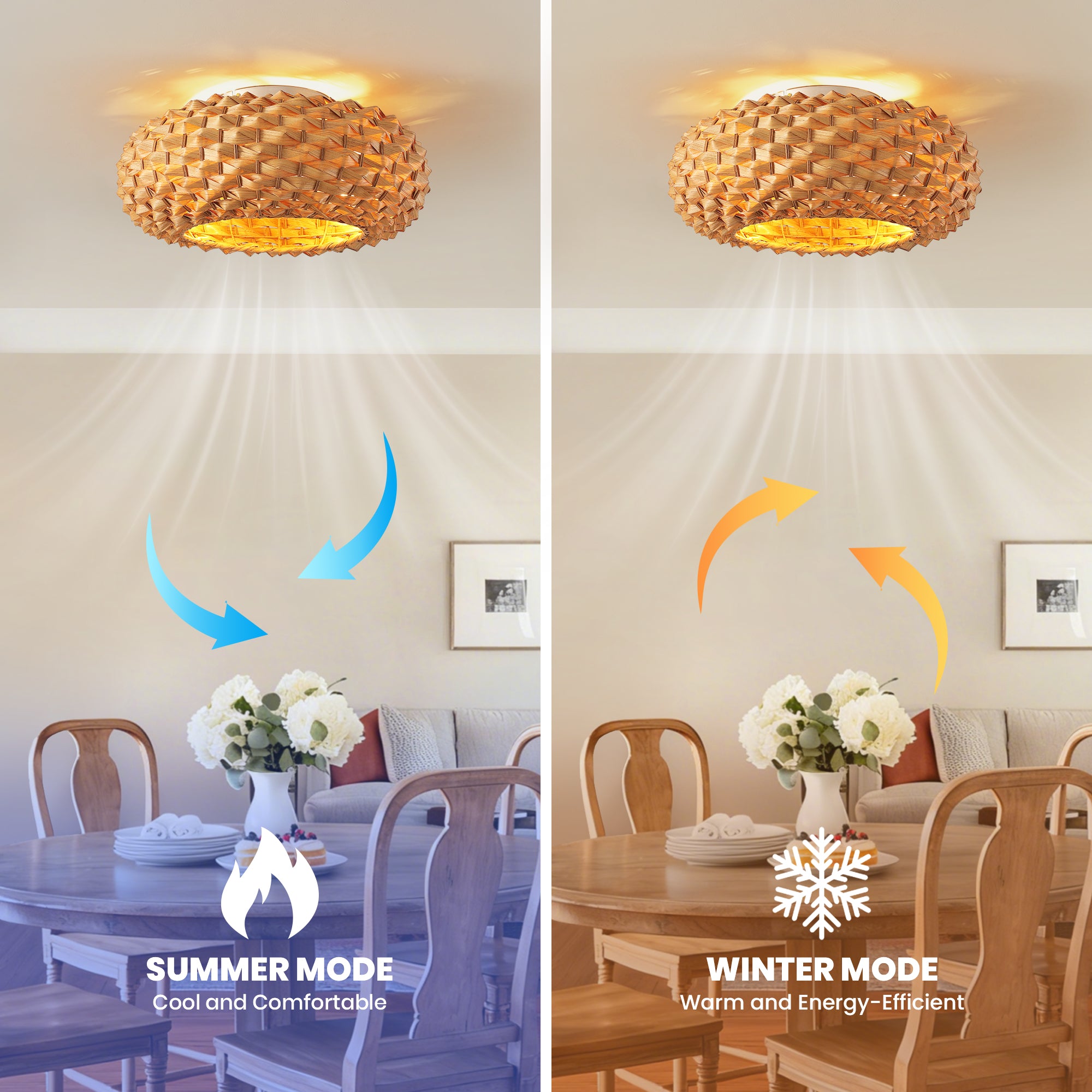 20" Boho Bamboo Ceiling Fan with Light, Woven Shade Flush Mount Fan with Remote, Quiet DC Motor for Small Rooms