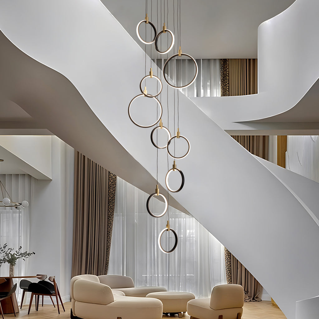 10-Ring LED Dimmable Geometric Chandelier, Black and Gold Foyer Light for High Ceilings with Remote & App Control