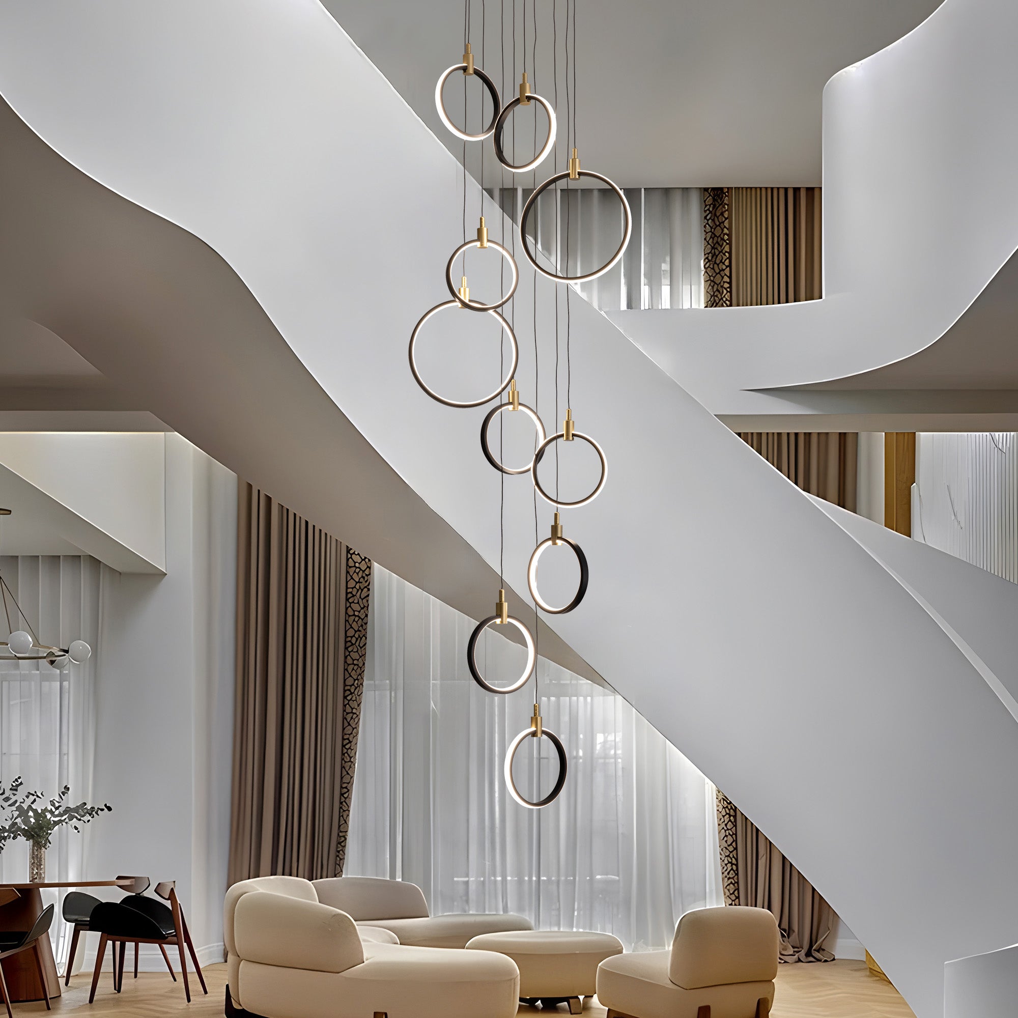 10-Ring LED Dimmable Geometric Chandelier, Black and Gold Foyer Light for High Ceilings with Remote & App Control