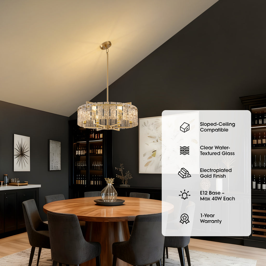 6 - Light Dimmable Gold Drum Chandelier with Textured Glass, Modern Lighting for Kitchen Island or Dining Room