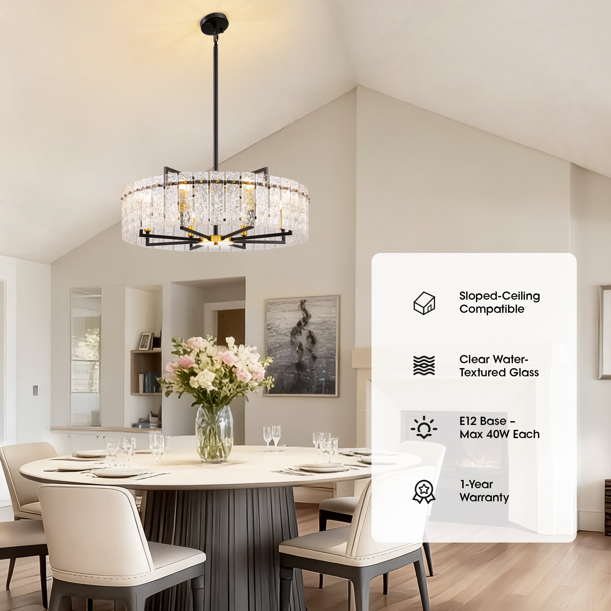 8 - Light Dimmable  Drum Chandelier with Textured Glass, Modern Lighting for Kitchen Island or Dining Room