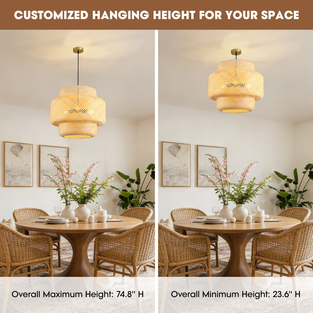 3-Light Natural Woven Tiered Chandelier, Boho Organic Modern Coastal Casual Style For Dining Room, Kitchen Island & Living Space