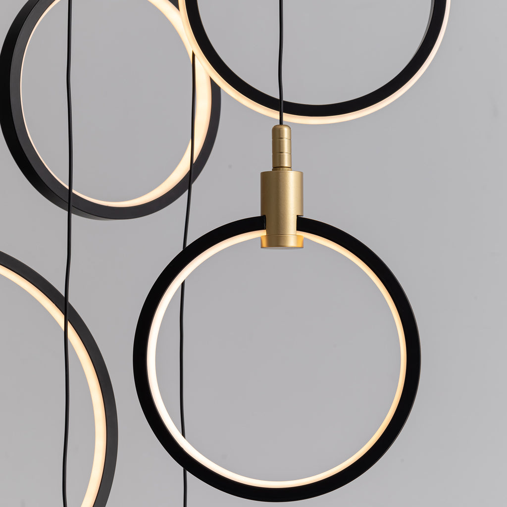 10-Ring LED Dimmable Geometric Chandelier, Black and Gold Foyer Light for High Ceilings with Remote & App Control