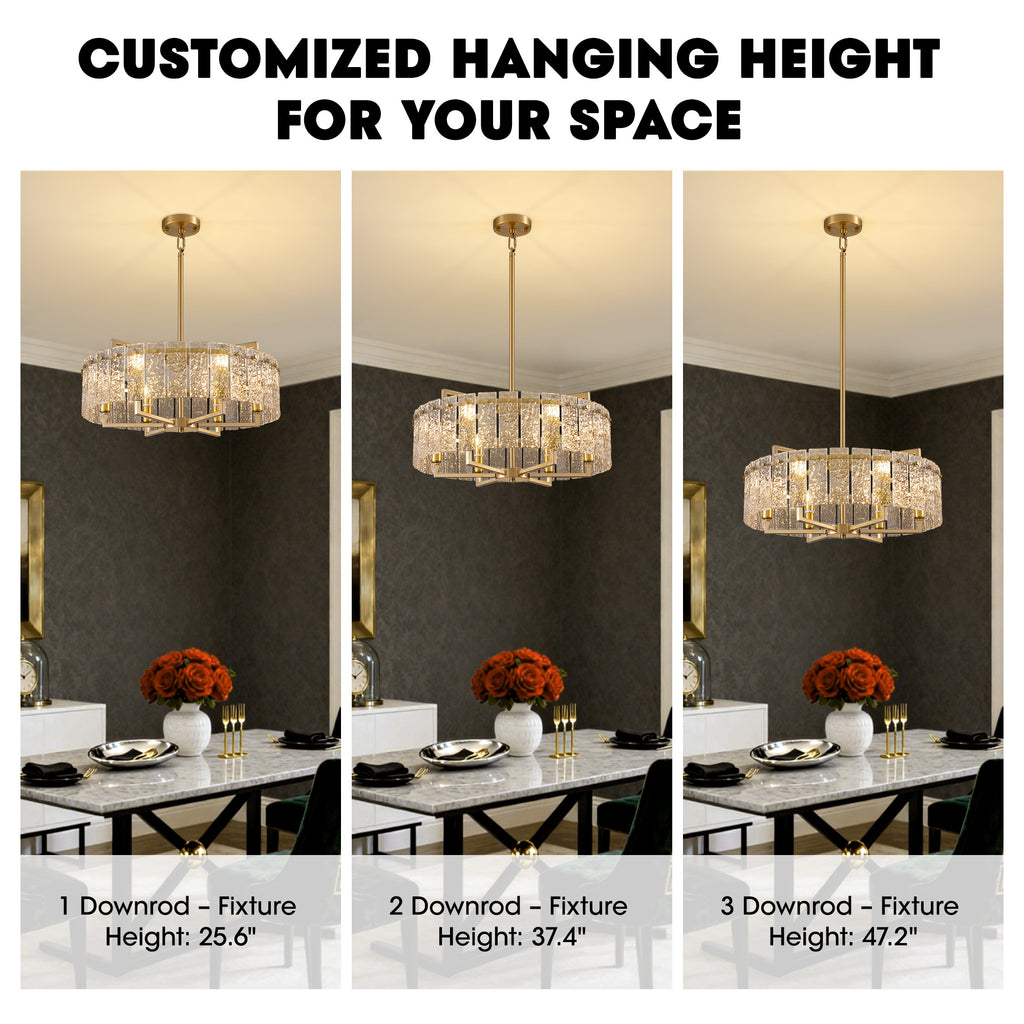 6 - Light Dimmable Gold Drum Chandelier with Textured Glass, Modern Lighting for Kitchen Island or Dining Room