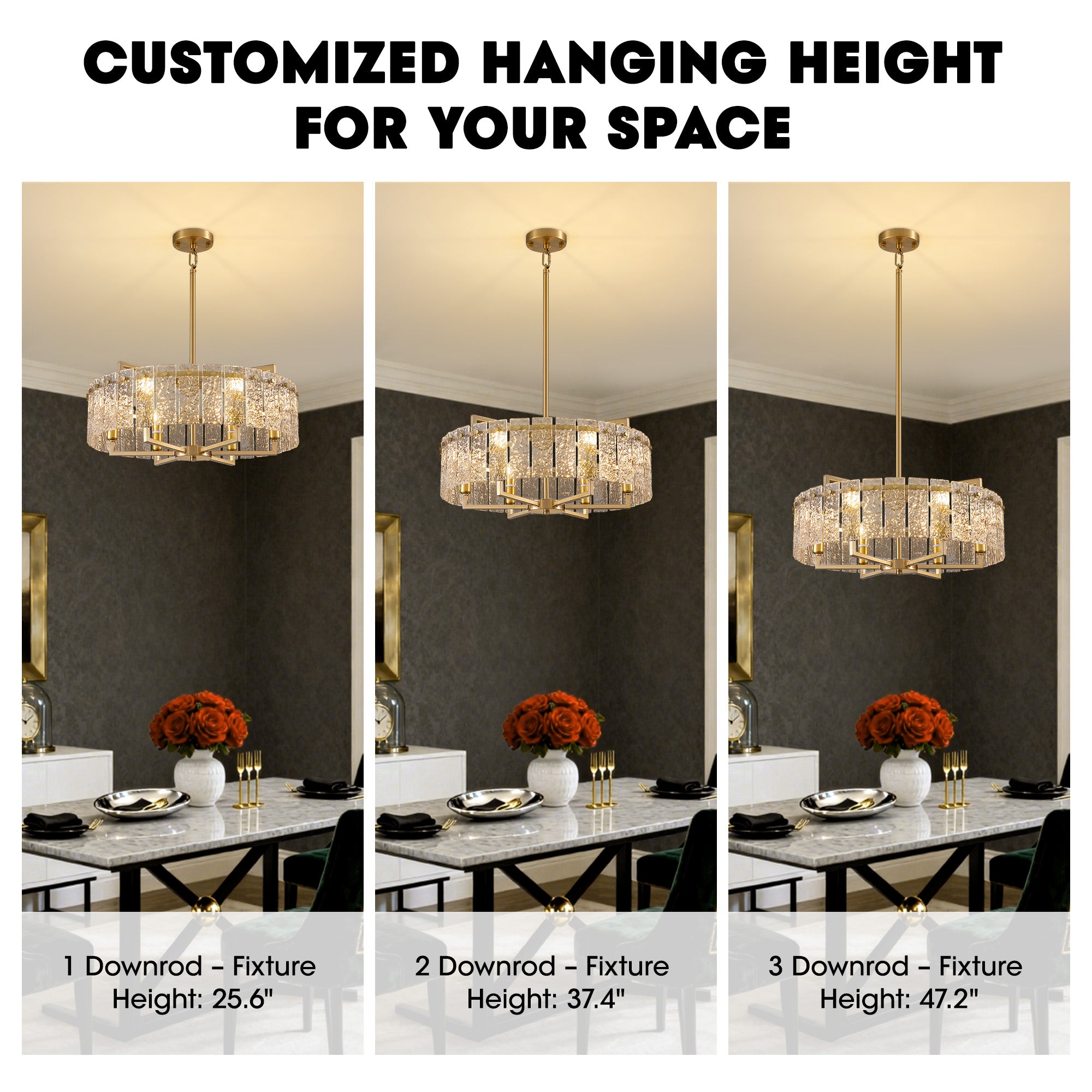 6 - Light Dimmable Gold Drum Chandelier with Textured Glass, Modern Lighting for Kitchen Island or Dining Room