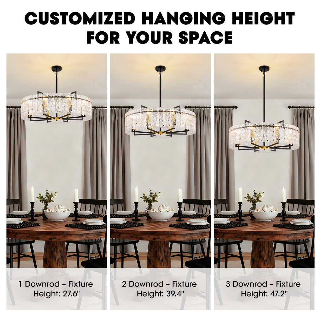 8 - Light Dimmable  Drum Chandelier with Textured Glass, Modern Lighting for Kitchen Island or Dining Room