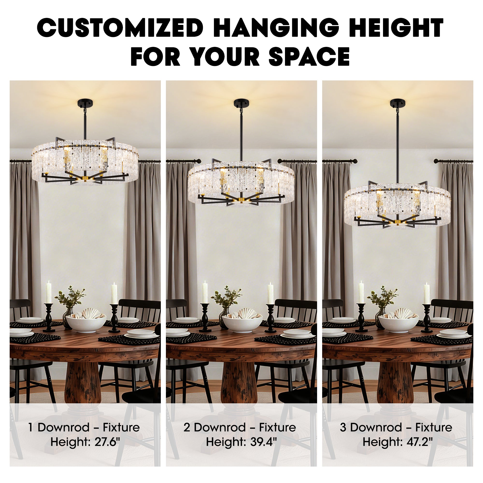 8 - Light Dimmable  Drum Chandelier with Textured Glass, Modern Lighting for Kitchen Island or Dining Room