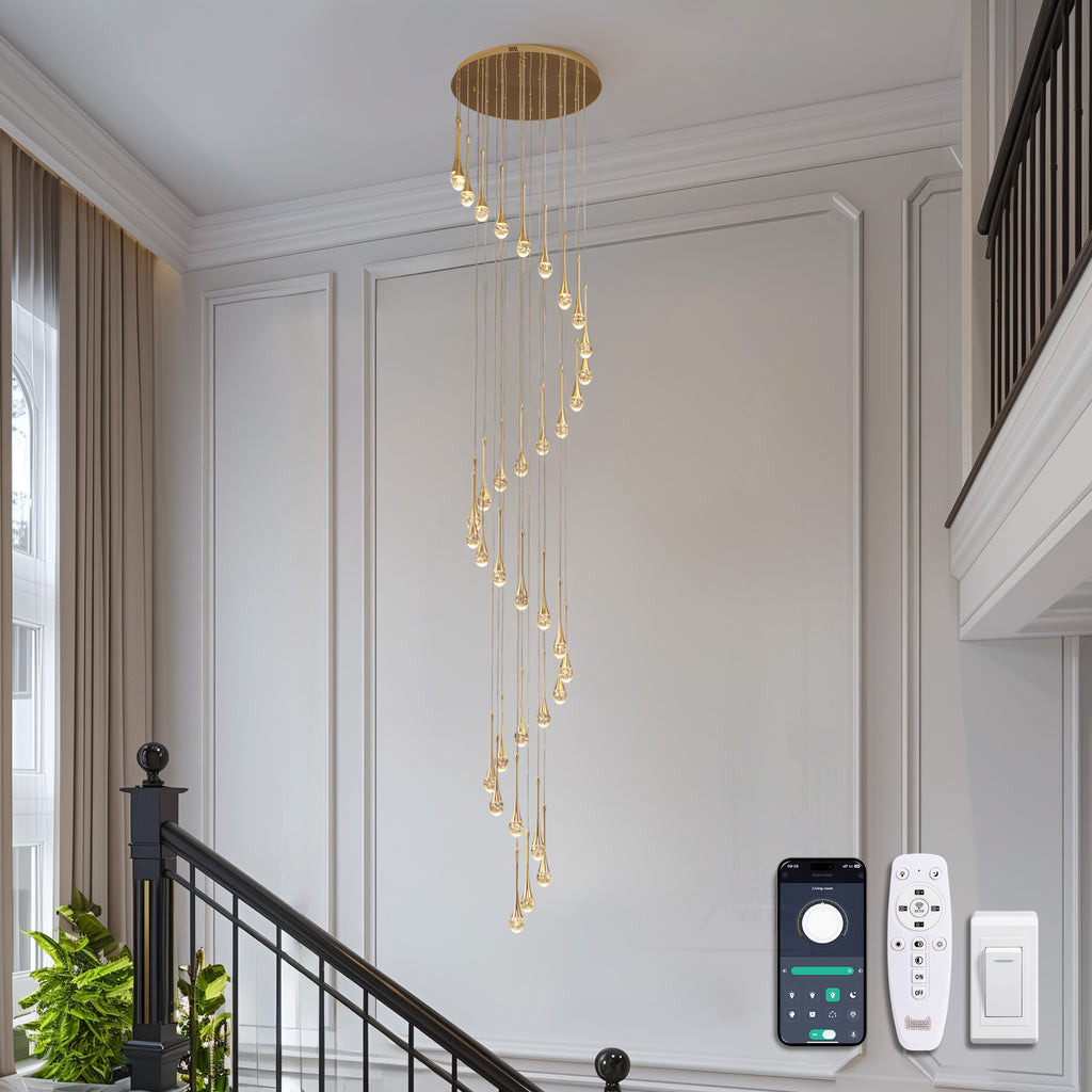 36-light Cylinder Foyer Chandelier With Raindrop Crystals and LED Light